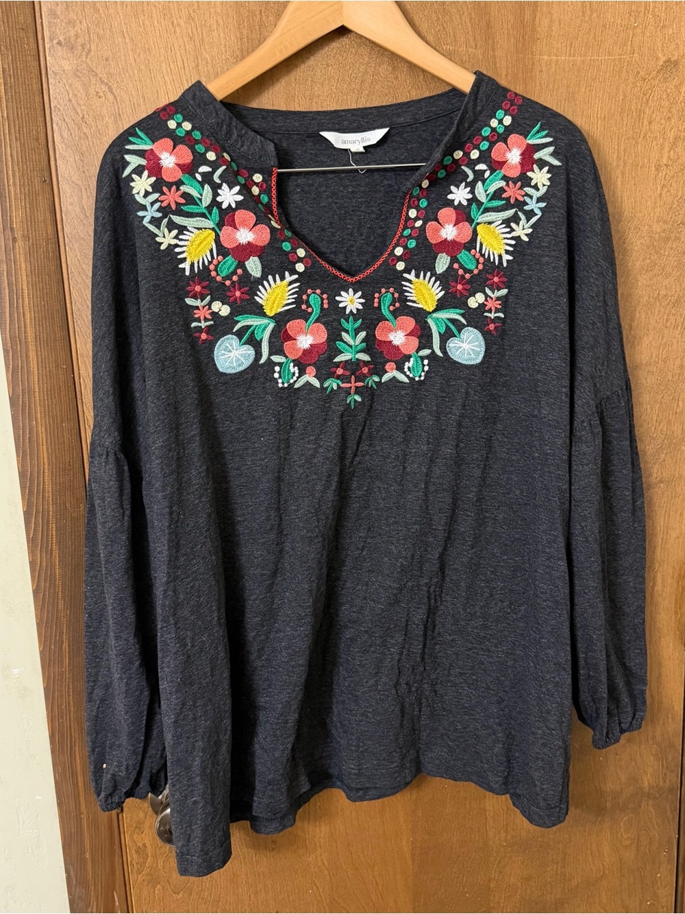 Amaryllis 1X Dark Gray Long Sleeve Top with Multicolor Floral Embroidery - Picture 1 of 8